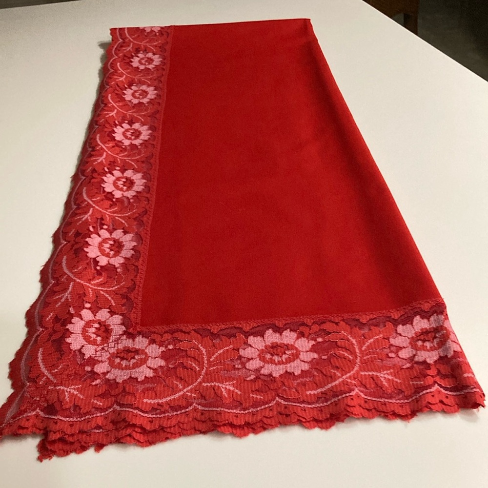 Festive Rectangular Red Lace Tablecloth 
52 inches Width by 67 inches length